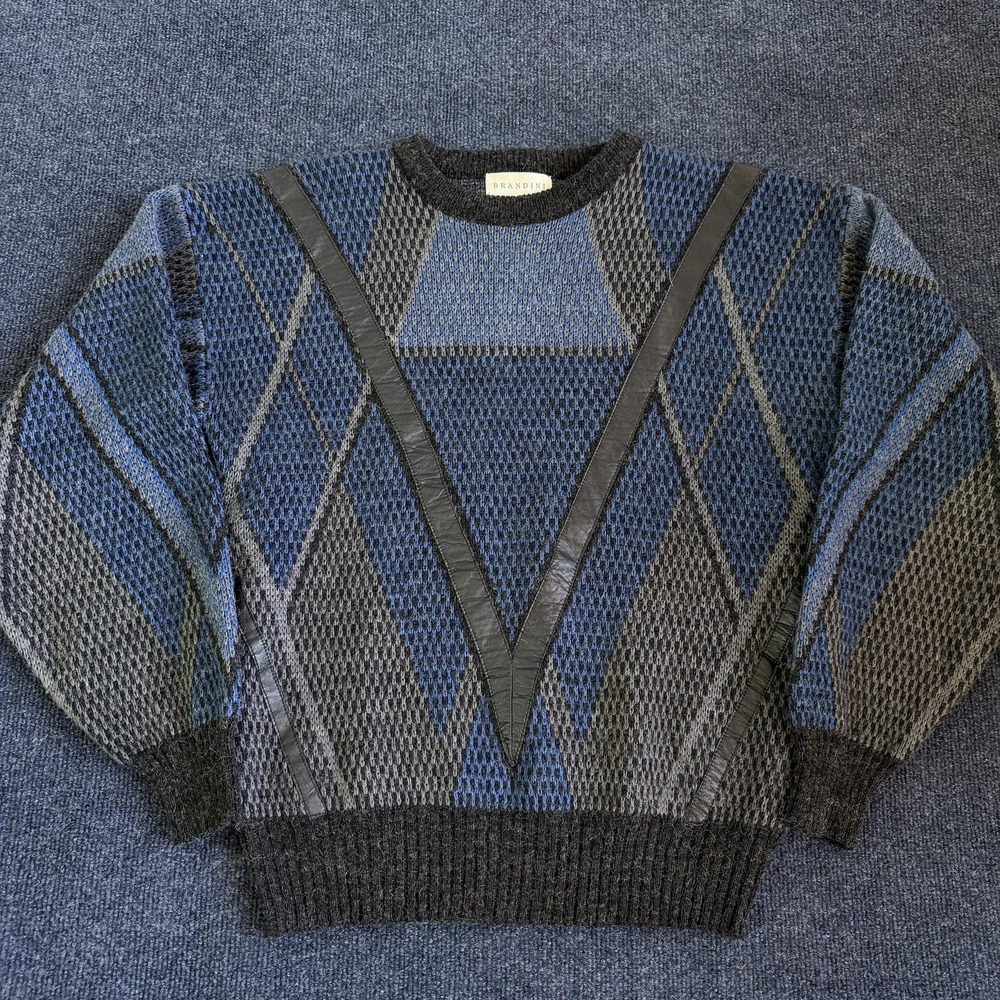 Vintage Brandini Sweater Mens Medium Blue Argyle Leather Chunky Knit Pullover